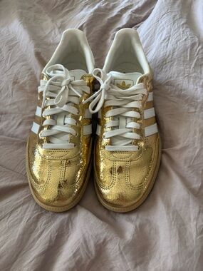 adidas Gold Metallic Samba Sneakers with White Stripes and Laces